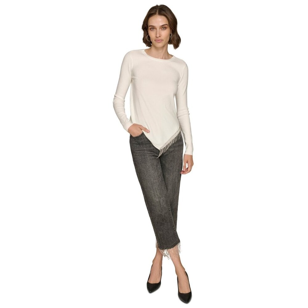 KARL LAGERFELD Asymmetrical Crystal-Trim Ivory Sweater Size S MSRP $119 - Picture 5 of 5